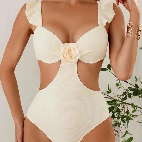Beige Women's Beach Hollow Out 3d Rose Design One Piece Swimsuit - Picture 5 of 5